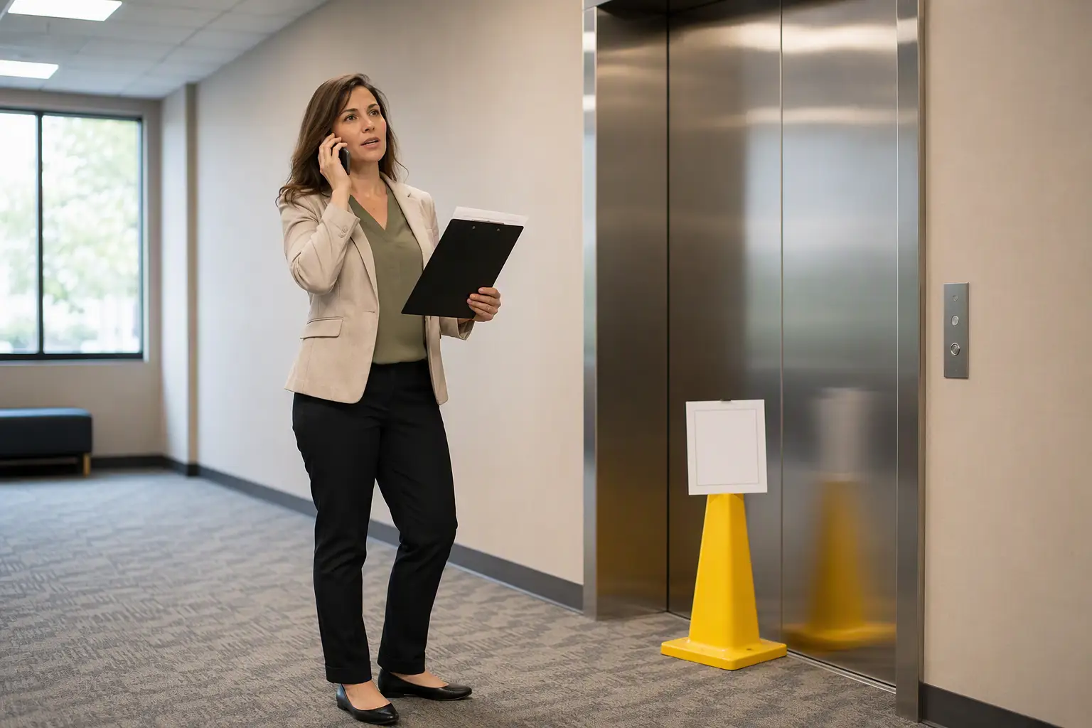 Property manager documenting an elevator malfunction and posting out-of-service signage in a Columbia SC office building corridor