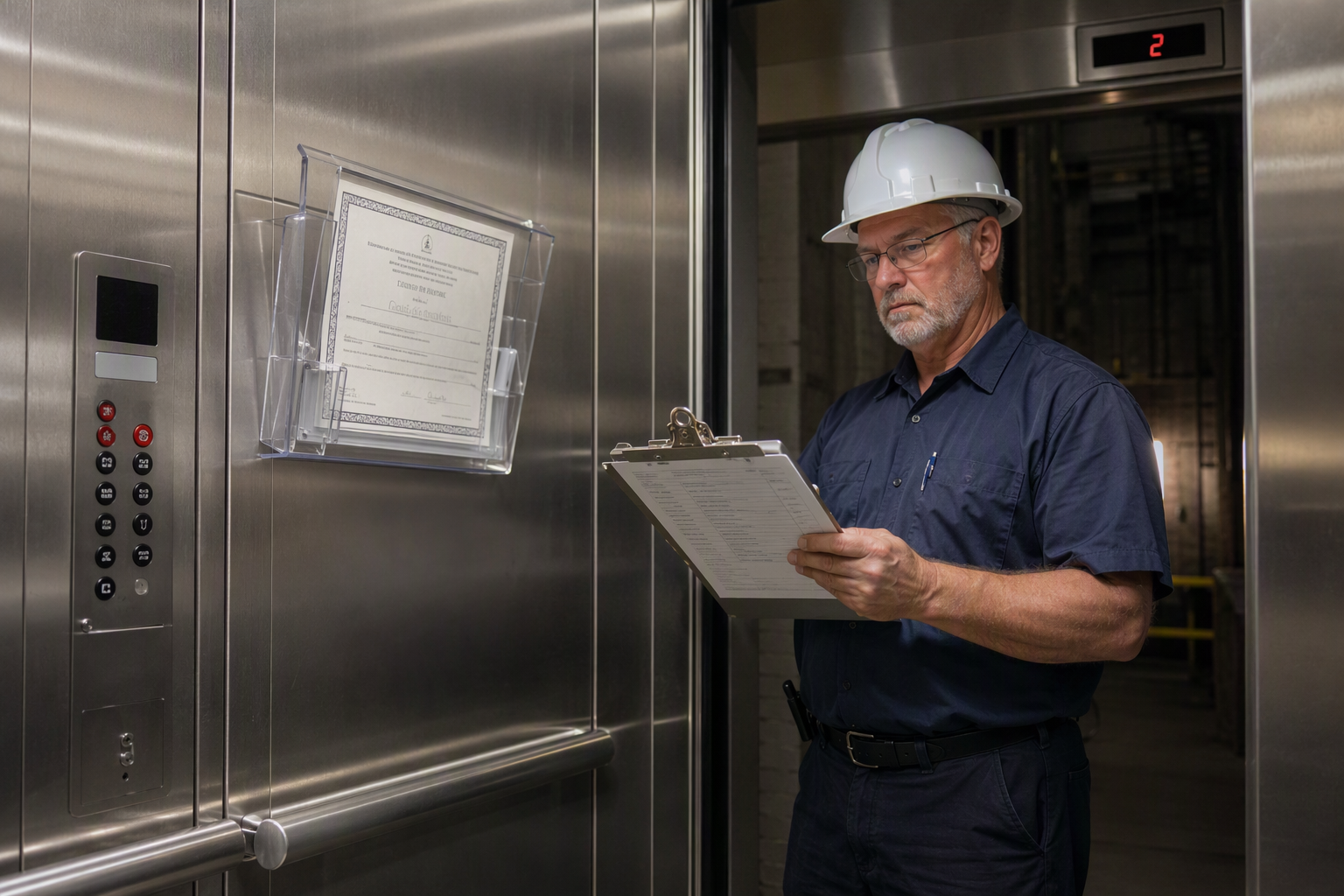 Licensed elevator inspector reviewing inspection certificate and checklist inside a Columbia SC commercial elevator cab during annual South Carolina LLR inspection