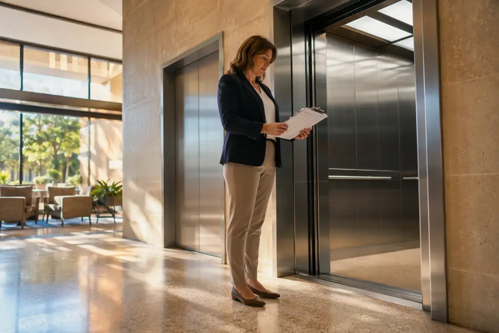 Facilities manager reviewing 2027 elevator capital plan documents in a Columbia SC commercial office building lobby with open elevator cab visible