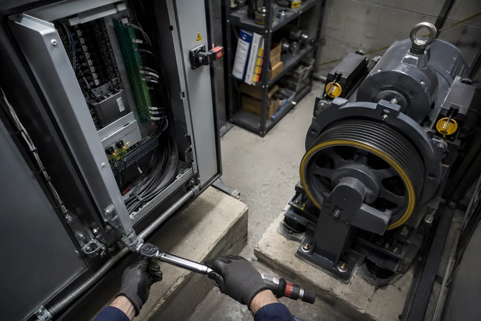 Elevator machine room traction controller and motor equipment in a Columbia SC building being serviced as part of a preventive maintenance contract budget item
