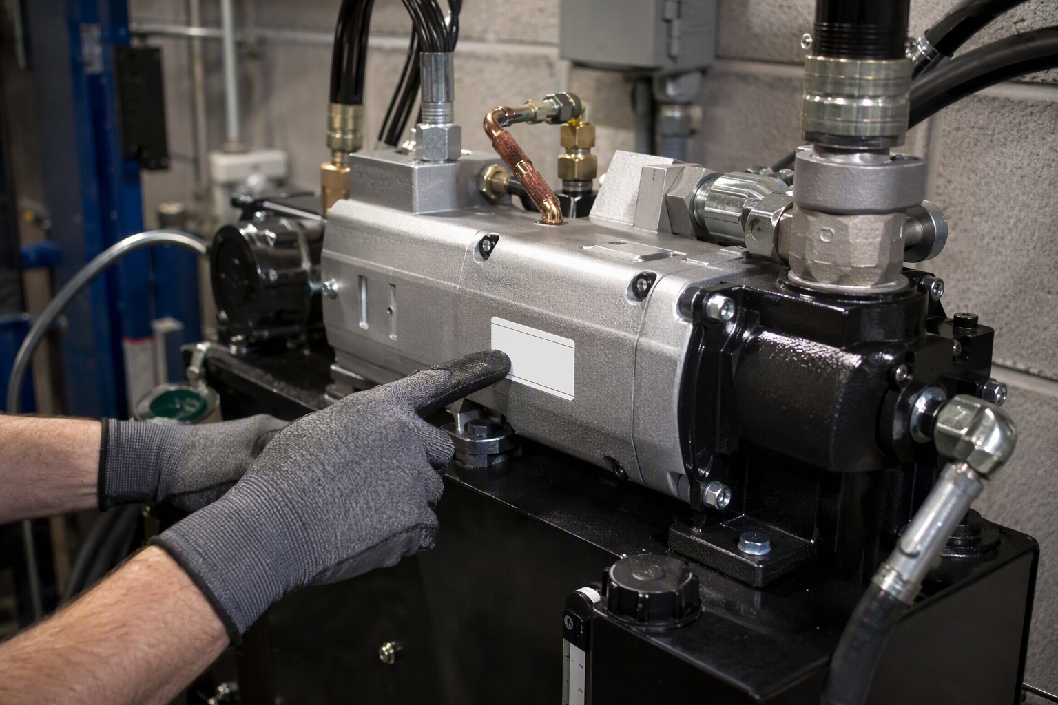 Hydraulic Pump Replacement — What the Warranty Actually Covers Newly replaced hydraulic pump unit in elevator machine room showing manufacturer part, illustrating scope of elevator repair warranty coverage