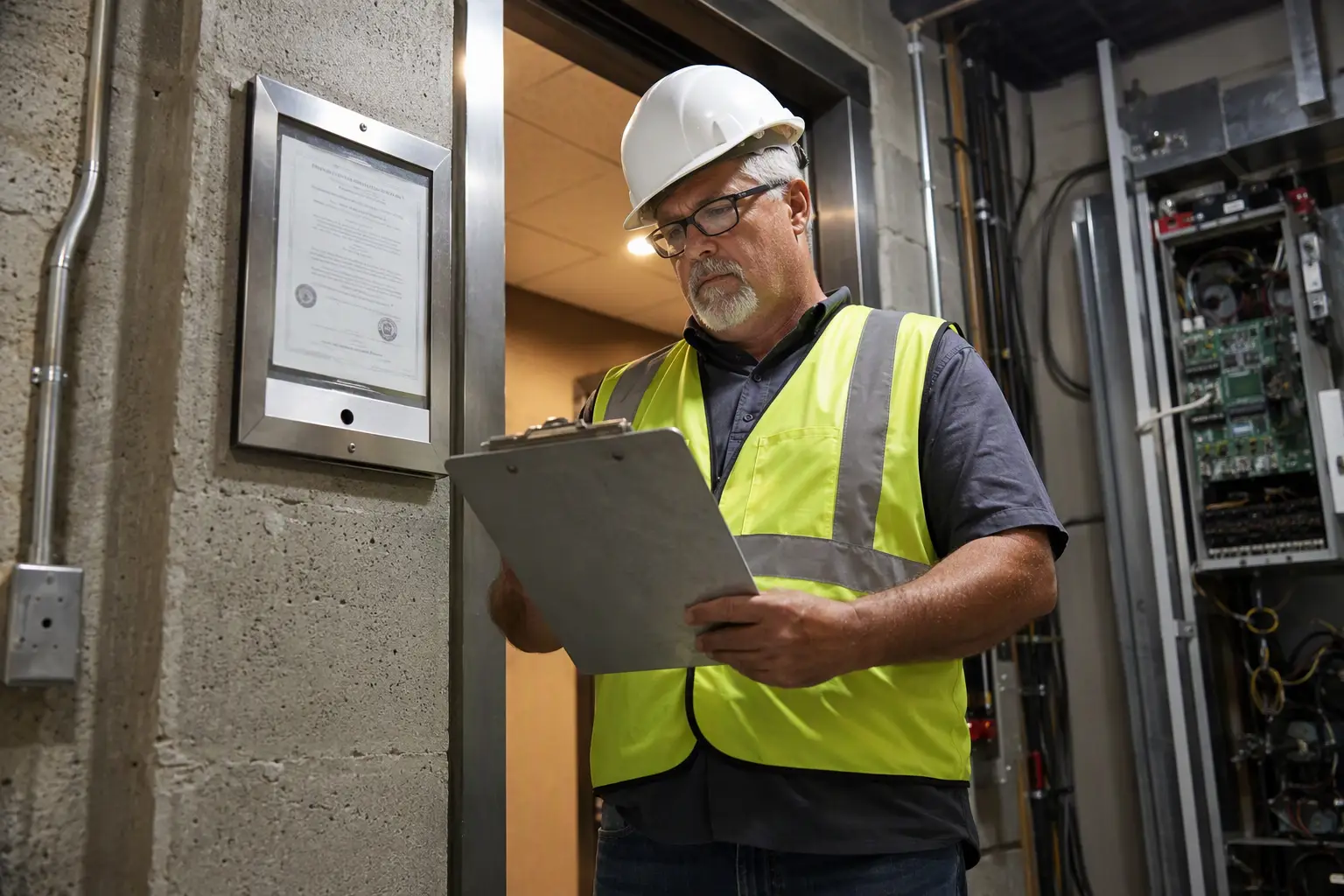 South Carolina Elevator Inspection and Warranty Compliance Licensed elevator inspector reviewing compliance checklist and inspection certificate in South Carolina commercial building machine room