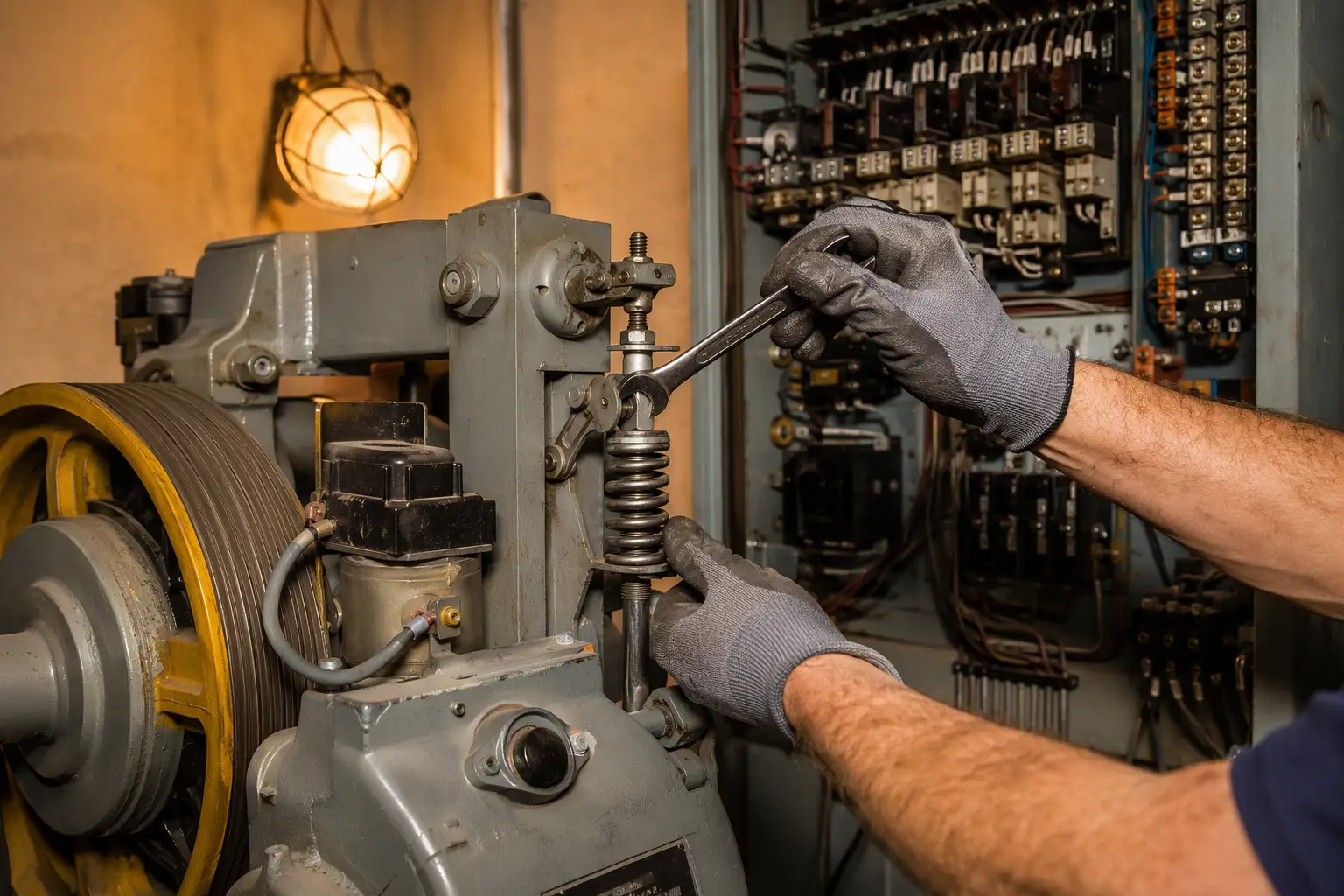 Elevator technician testing governor and brake components during a Category 1 rated-load safety device inspection on an older traction elevator