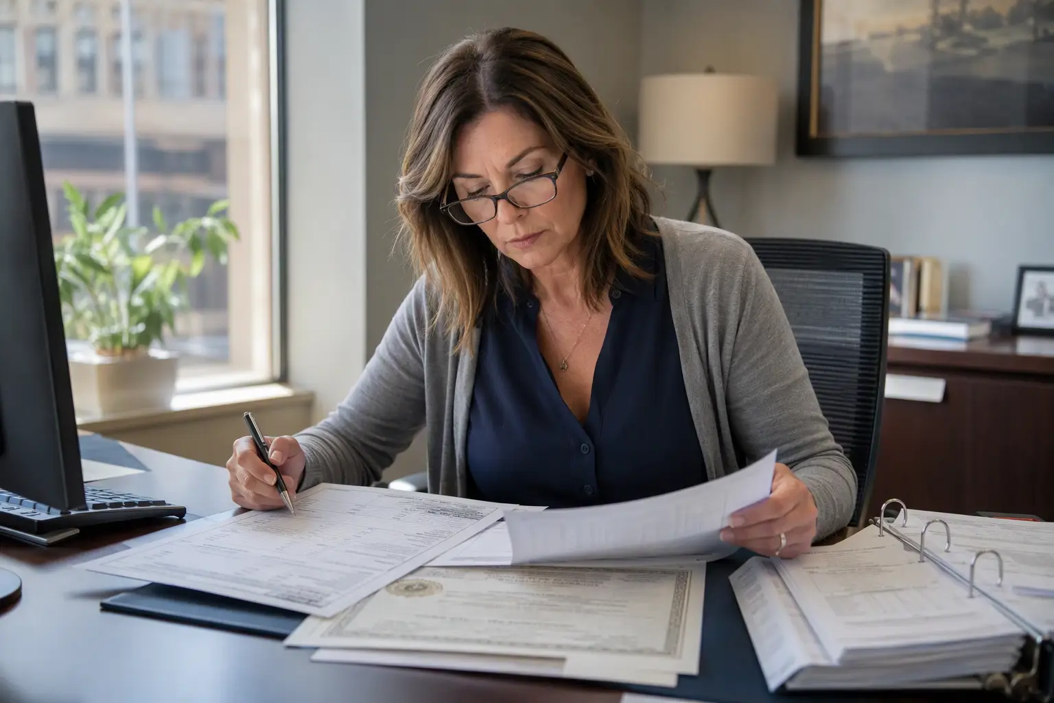 Building manager reviewing South Carolina LLR elevator operating certificate and Category 1 inspection report documents for annual certification renewal