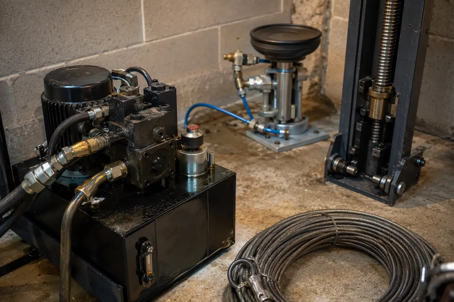 Hydraulic pump unit and traction cable components for different residential elevator types serviced by local elevator companies in South Carolina.