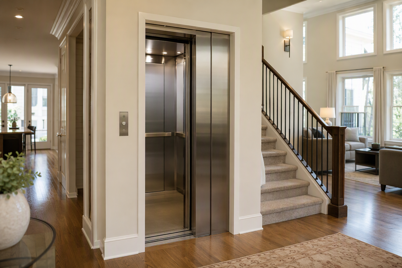 Modern residential elevator with stainless steel doors installed in a Columbia SC home foyer, representing local residential elevator service options for homeowners.