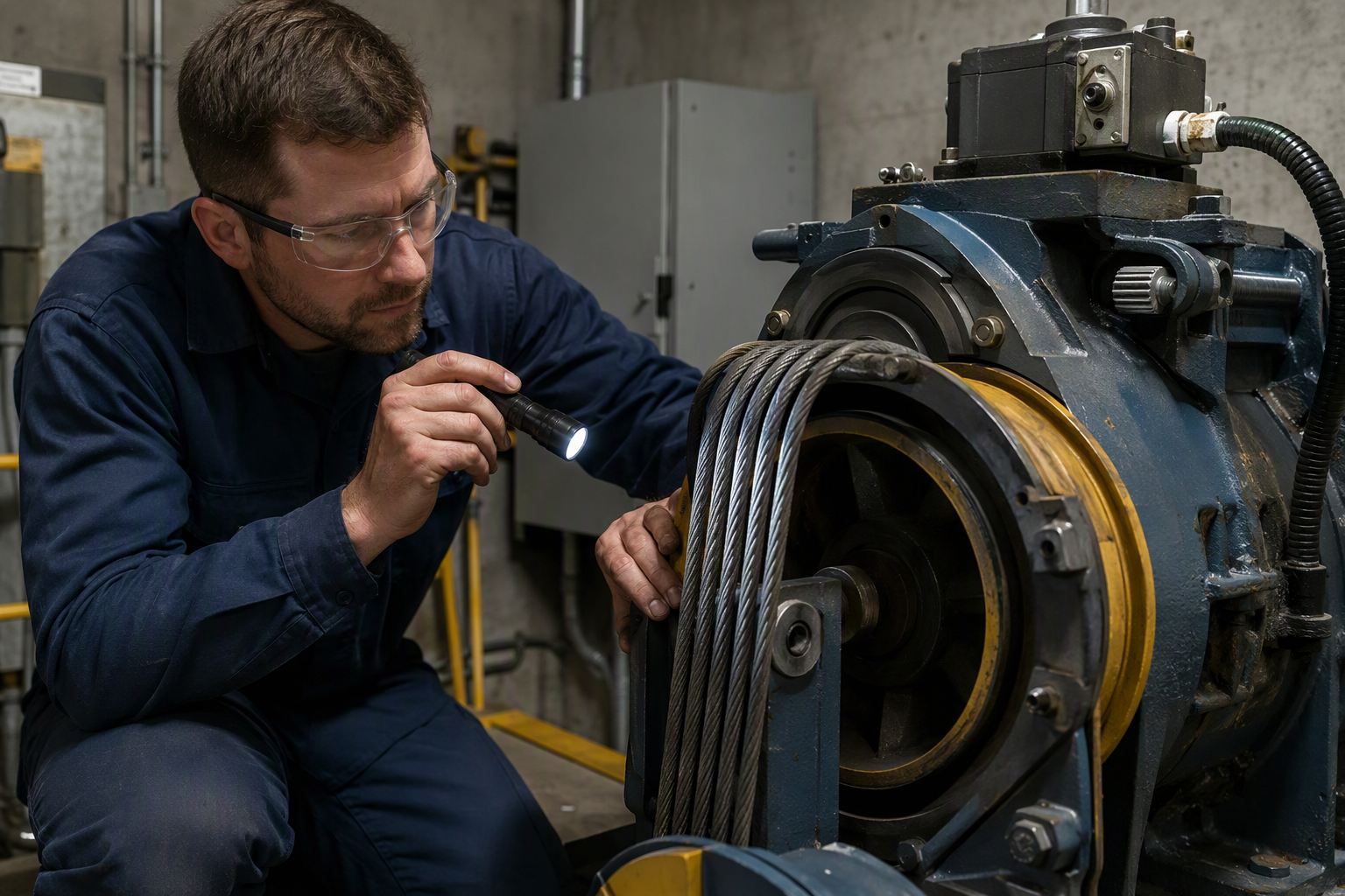 Elevator technician inspecting traction machine wire ropes and sheave wear in a machine room, a key factor in determining commercial elevator replacement timeline.
