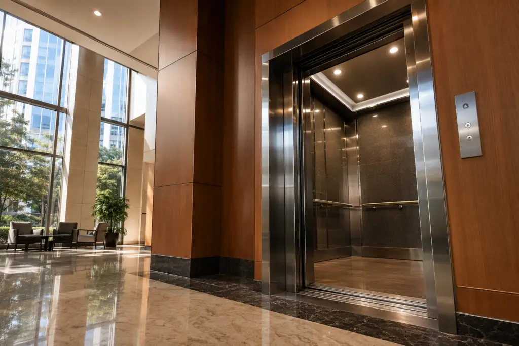 Commercial elevator cab and lobby interior in a Columbia SC office building, illustrating how long a well-maintained commercial elevator lasts before replacement.