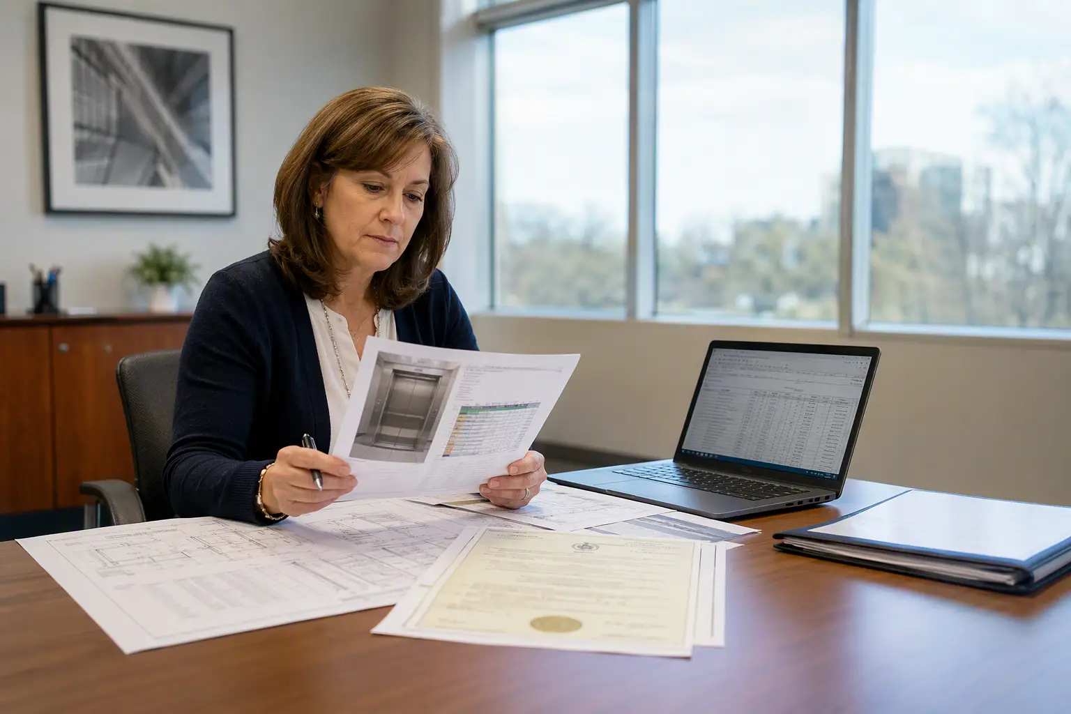 Facilities manager reviewing commercial elevator lifecycle inspection reports and compliance documents to assess whether repair, modernization, or replacement is needed.