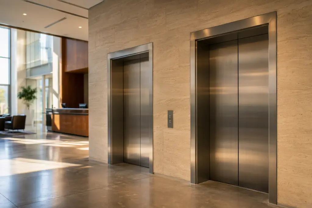 Bank of stainless-steel commercial elevator doors in a mid-rise Columbia SC office building lobby, representing 20-25 year elevator service life and modernization decisions.