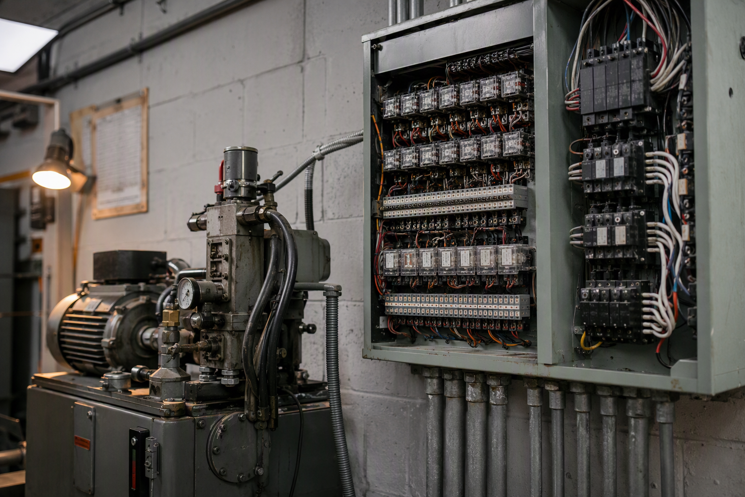 Aging hydraulic elevator power unit and legacy relay-logic control panel inside a commercial machine room, showing equipment nearing end of service life before modernization.