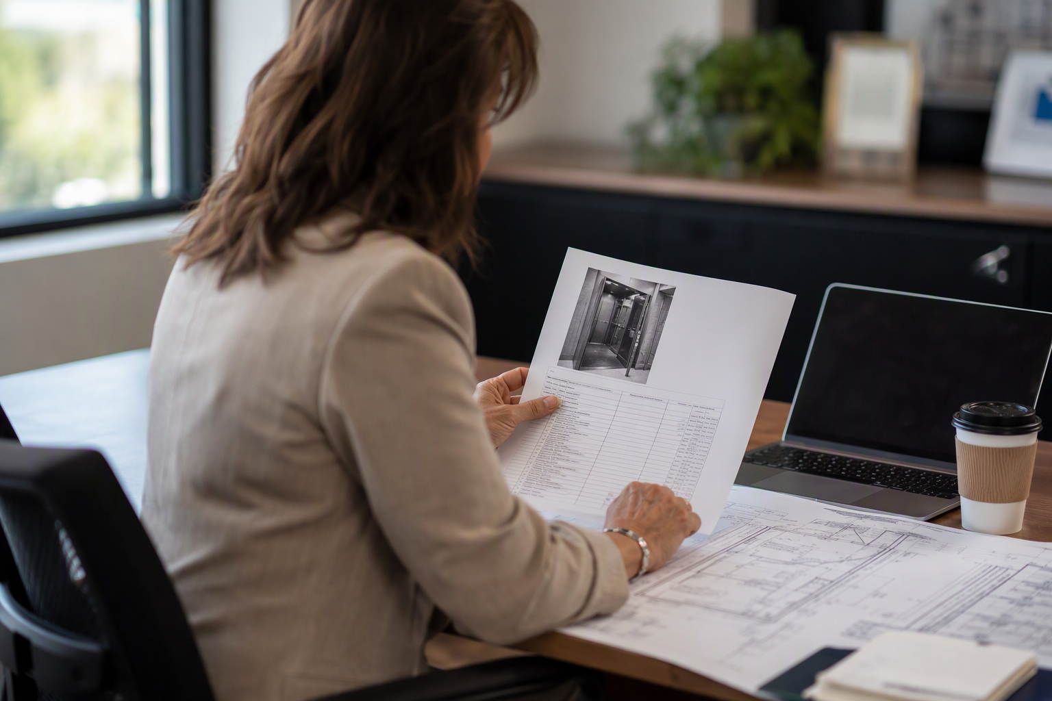 Building property manager reviewing a commercial elevator modernization assessment report and drawings at a desk, evaluating repair versus replacement cost decisions in Columbia SC.