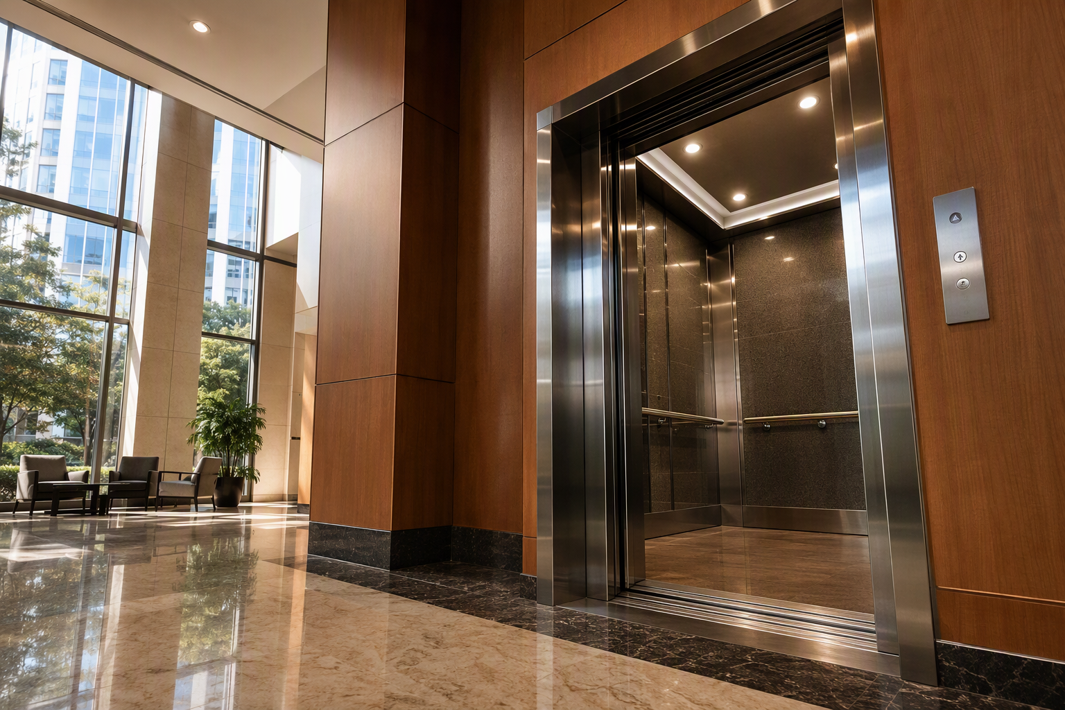Commercial elevator cab and lobby interior in a Columbia SC office building, illustrating how long a well-maintained commercial elevator lasts before replacement.