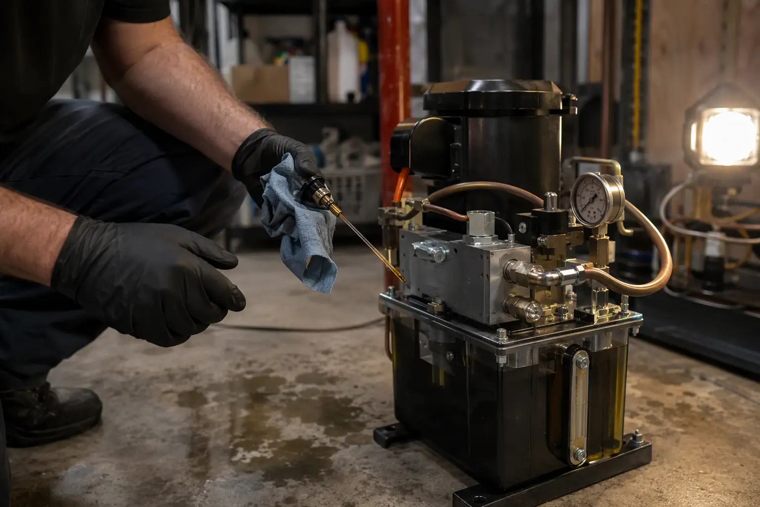 Elevator technician inspecting hydraulic fluid reservoir and copper lines on a residential home elevator power unit during routine maintenance service.