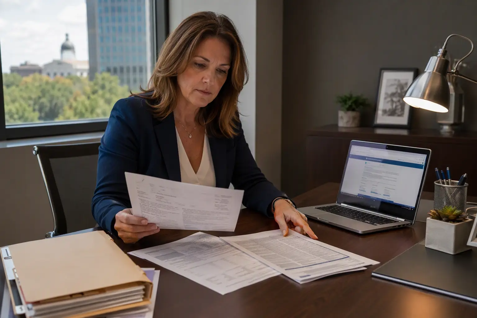 Property manager reviewing elevator inspection certificate and South Carolina compliance documents at a desk, comparing residential and commercial elevator regulatory requirements.