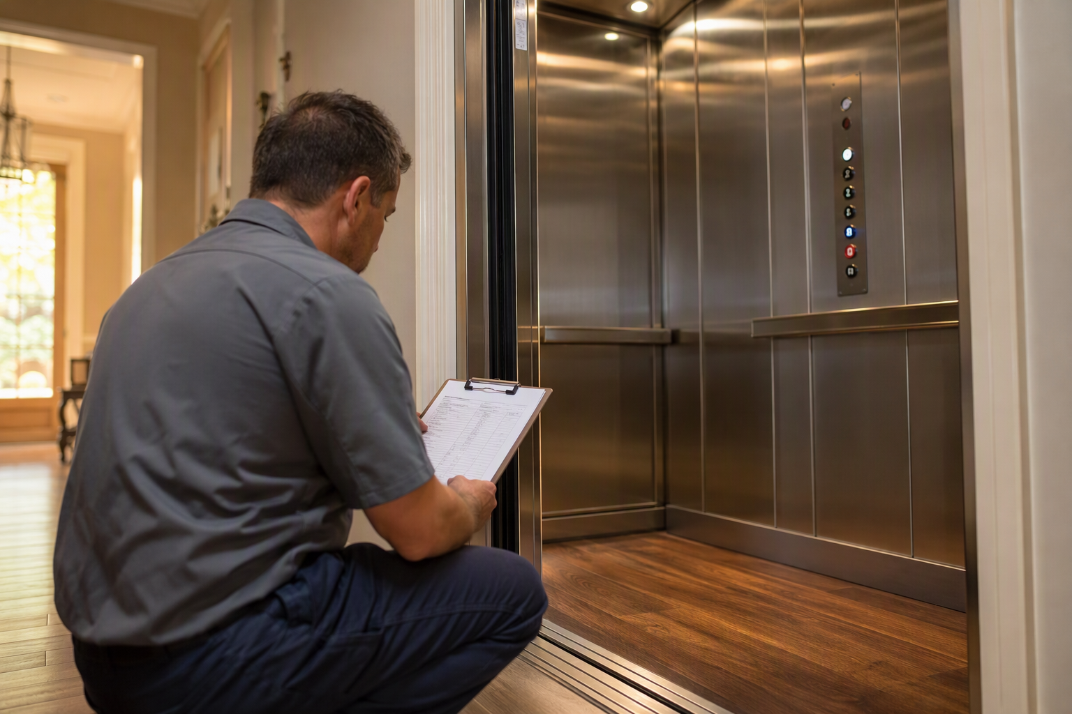 Home elevator repair technician inspecting a residential cab interior in a Columbia SC house, reviewing diagnostics before restoring safe operation.