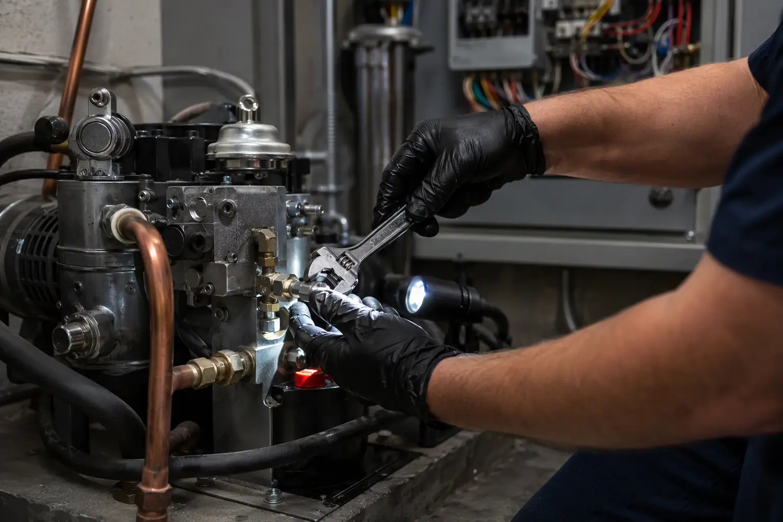 Close-up of a residential hydraulic elevator pump unit and control valve being serviced during a home elevator repair call in Columbia SC.