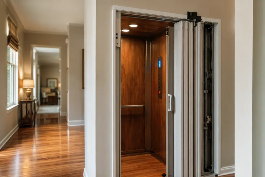 Residential friction home elevator with wood-paneled cab and folding gate installed in a Columbia SC single-family home hallway, serviced by Carolina Elevator Service.