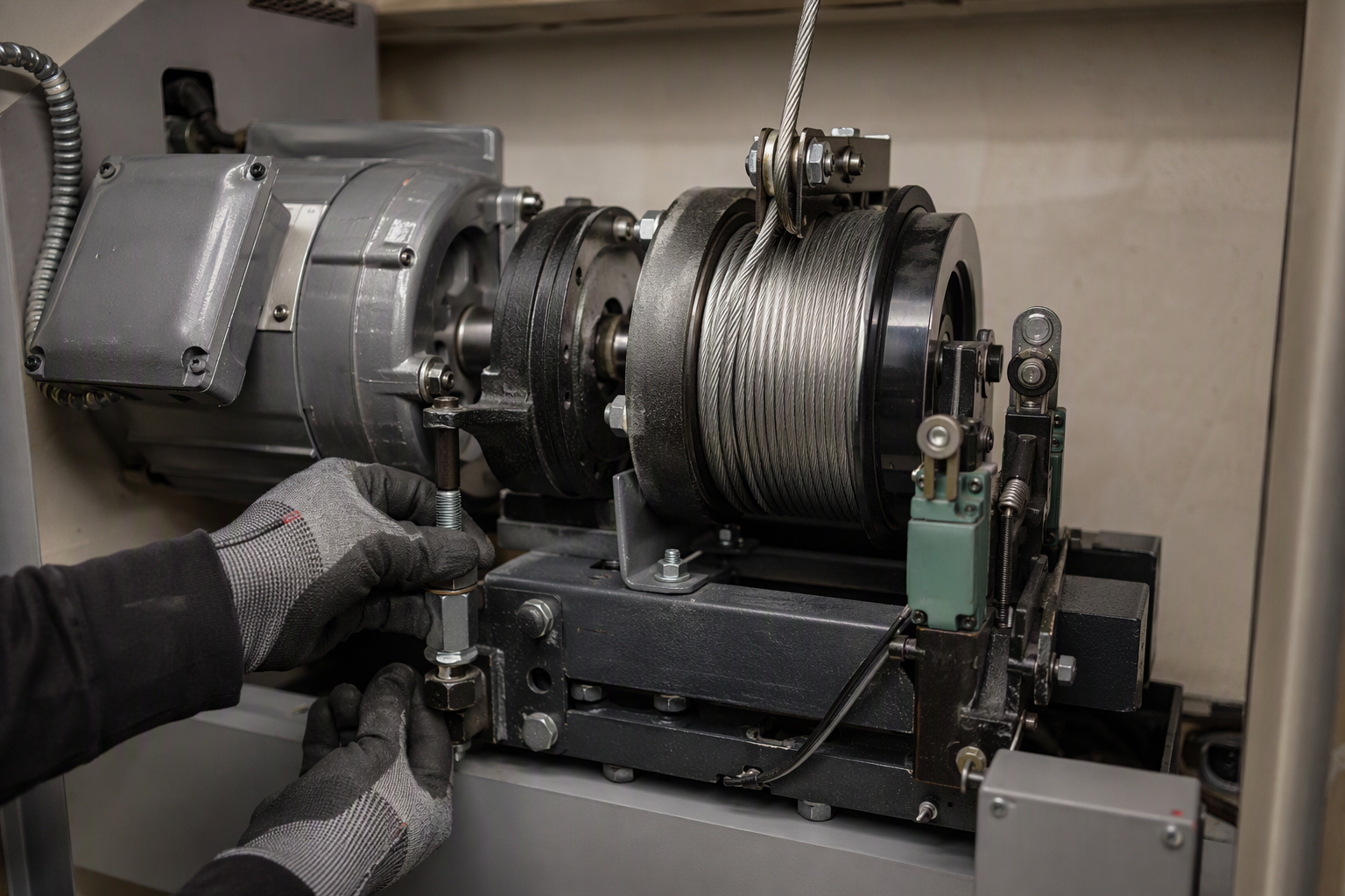 Friction Drive Cable-Drum Mechanism Detail Close-up of a residential friction elevator cable-drum drive motor and hoist cable mechanism in a home elevator machine space, inspected by a qualified elevator technician.