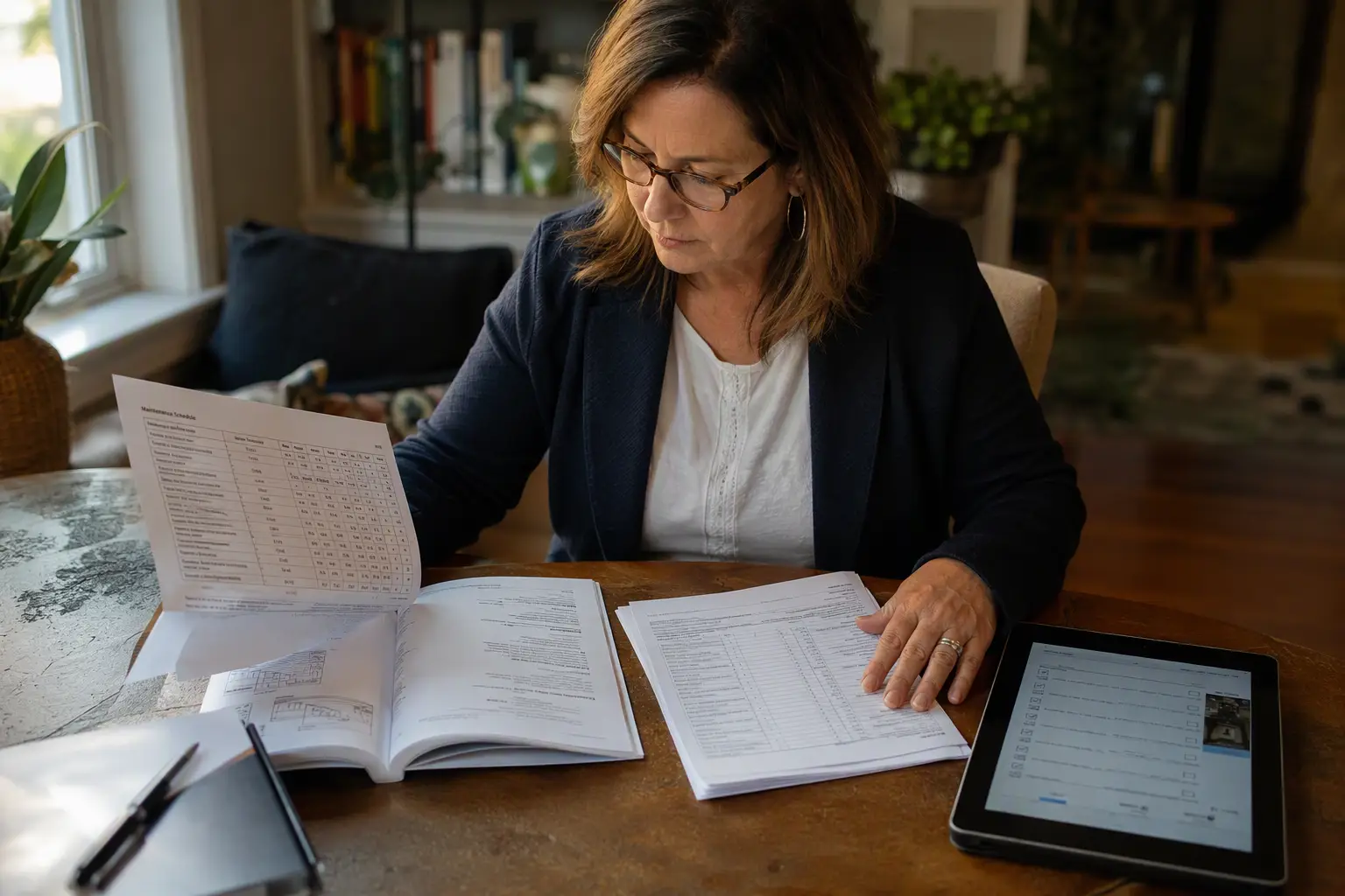 Homeowner Reviewing Elevator Maintenance Requirements Columbia SC homeowner reviewing residential friction elevator manufacturer maintenance schedule and ASME safety standard documents at home, planning professional elevator service.