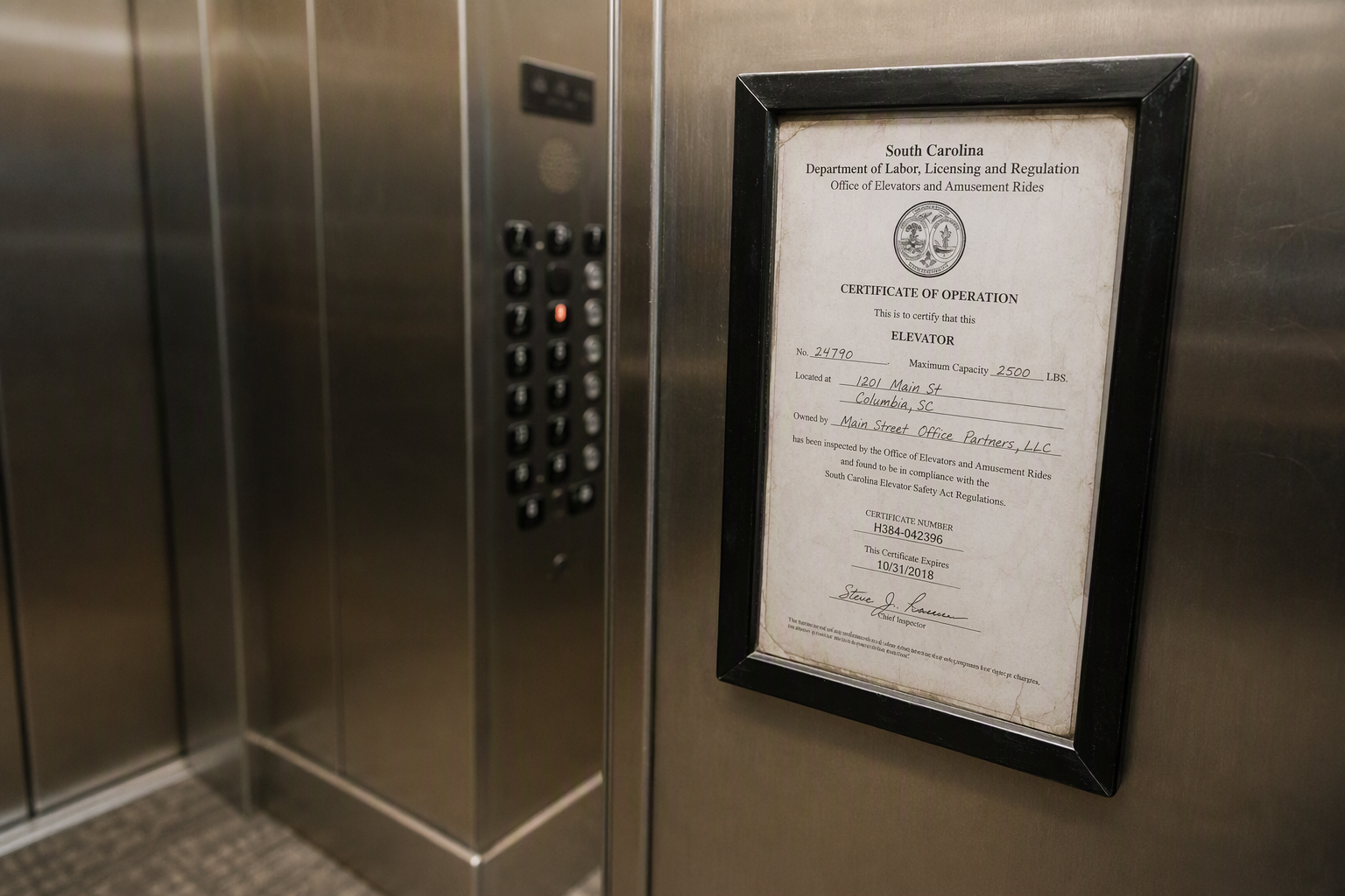 South Carolina elevator operating certificate displayed inside a commercial elevator cab interior, showing mandatory regulatory compliance requirement for Columbia SC buildings