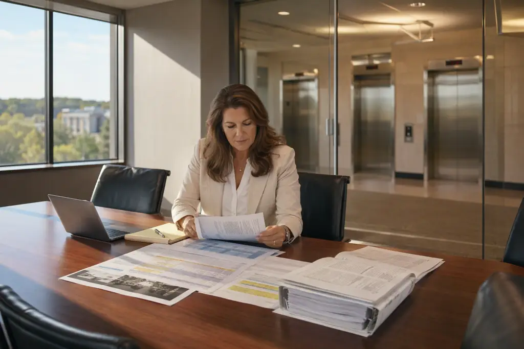 Building manager reviewing elevator budget proposal documents and inspection reports at a conference table, with elevator lobby visible through glass wall in Columbia SC office