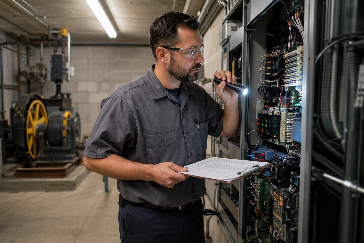 Elevator technician conducting condition audit in commercial building machine room, reviewing controller and equipment to establish baseline for annual elevator budget planning
