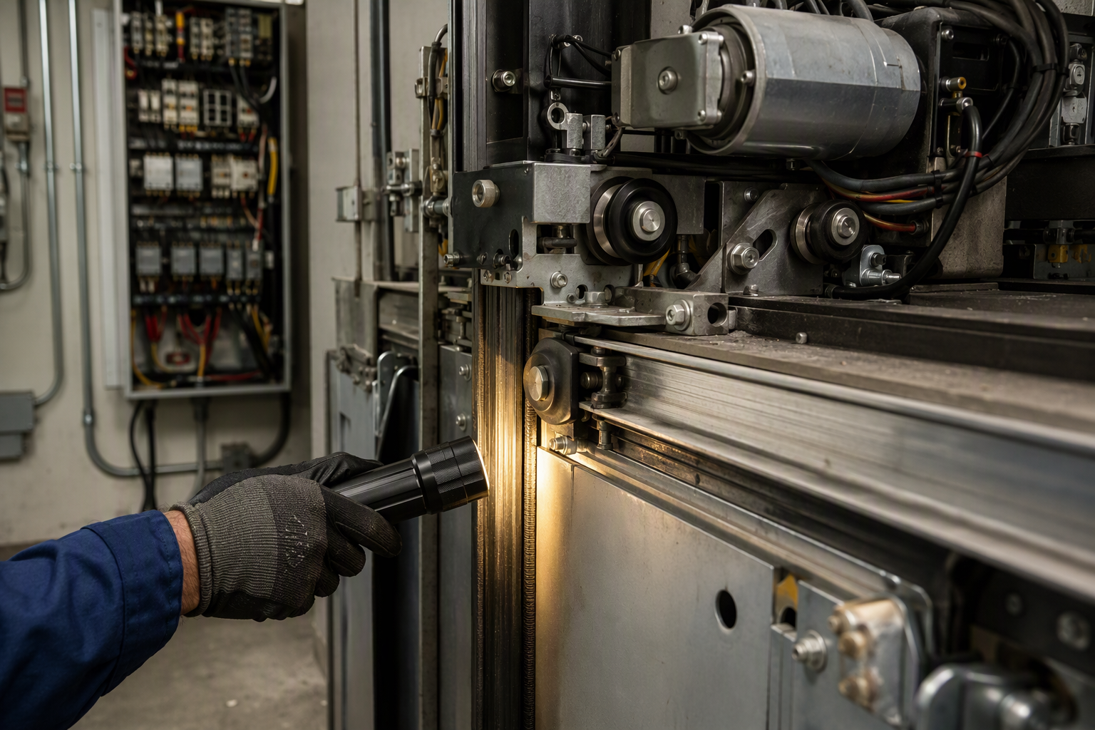Door Operator Failure Risk Inspection Elevator door operator and safety edge components inspected in a hospital machine room, a leading cause of healthcare elevator shutdowns requiring 2027 budget upgrades