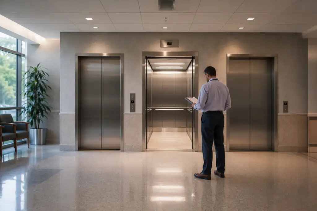 Healthcare facility director reviewing elevator upgrade checklist in a Columbia SC hospital elevator lobby before 2027 capital budget planning