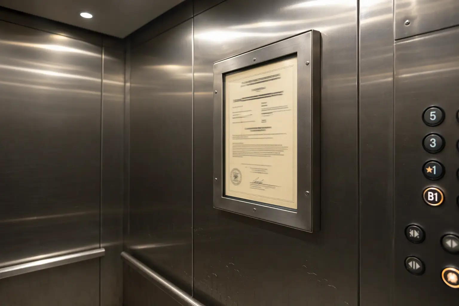 SC Elevator Operating Certificate Compliance South Carolina elevator operating certificate displayed inside a hospital elevator cab as required by LLR for annual inspection compliance and certificate renewal