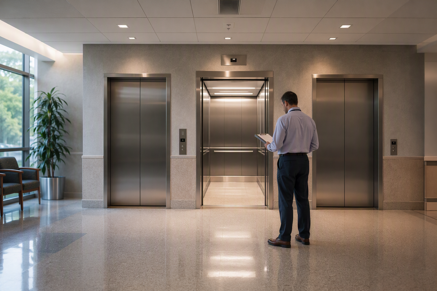 Hospital Elevator Lobby Capital Planning Healthcare facility director reviewing elevator upgrade checklist in a Columbia SC hospital elevator lobby before 2027 capital budget planning