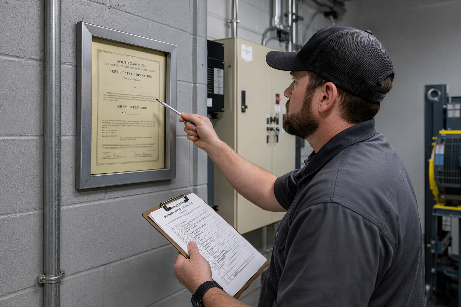 Licensed elevator inspector reviewing South Carolina operating certificate and inspection checklist in a commercial building machine room for annual regulatory compliance