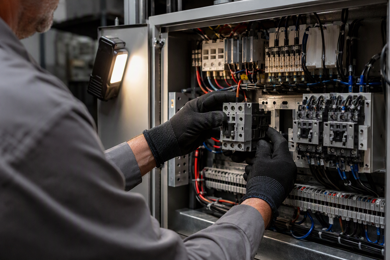 Elevator technician replacing a motor contactor inside a traction elevator controller cabinet during an unplanned repair covered by a capital plan contingency fund
