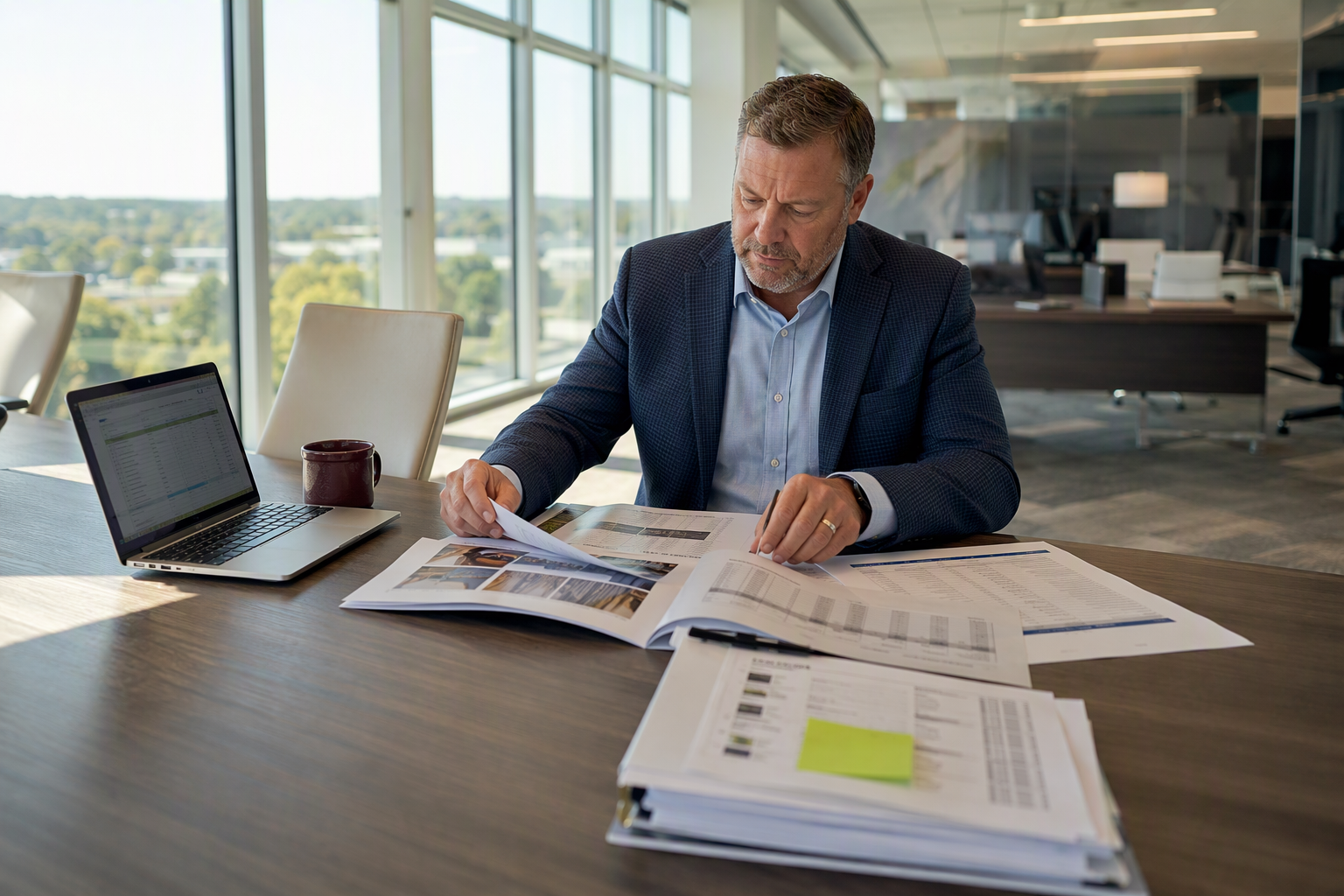 Facility manager reviewing elevator repair and maintenance budget documents at a conference table as part of a 2027 fiscal year capital plan in Columbia SC