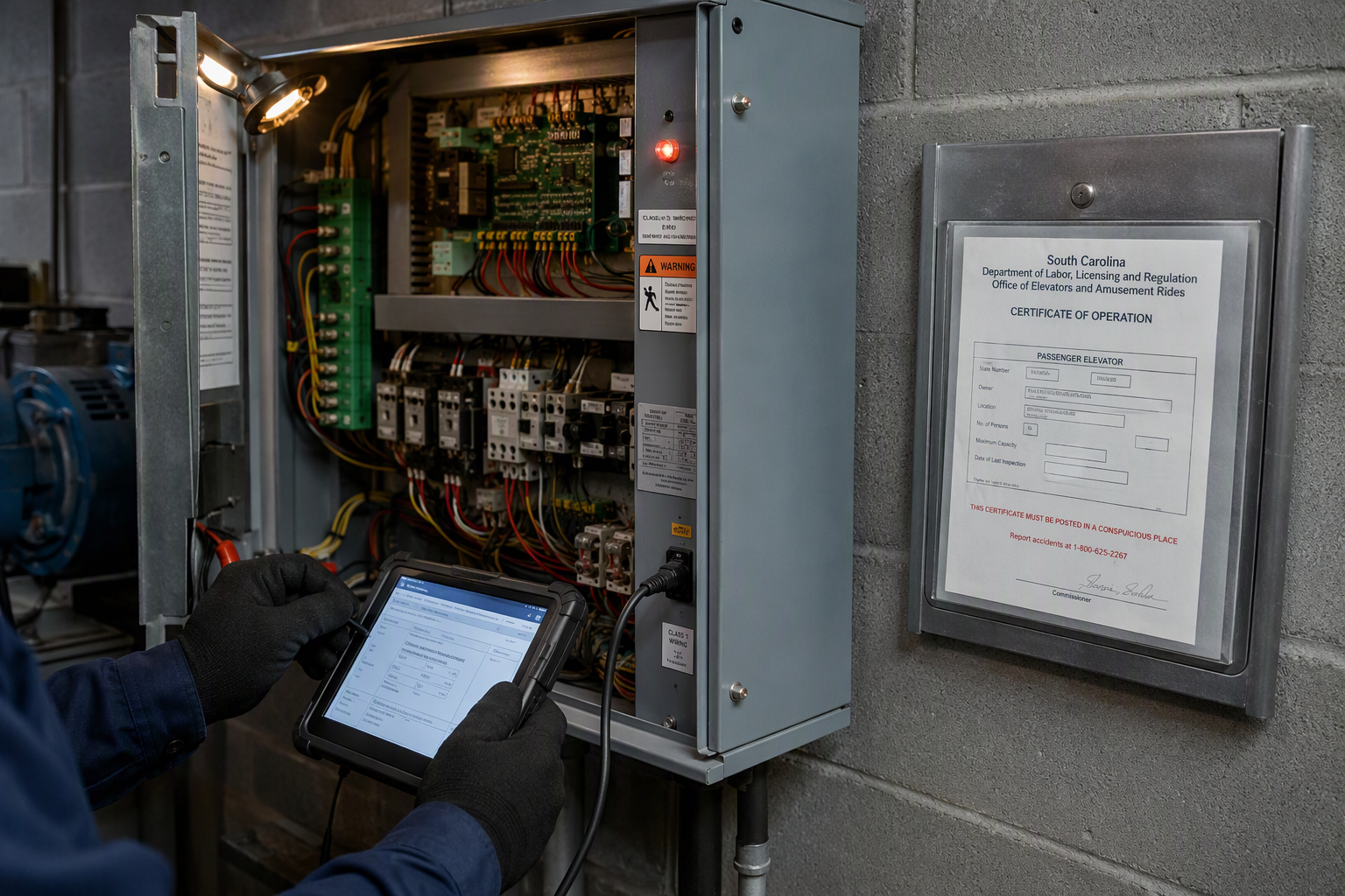 Annual Elevator Compliance Inspection Elevator technician inspecting a hydraulic controller in a Columbia SC machine room during an annual South Carolina LLR compliance inspection