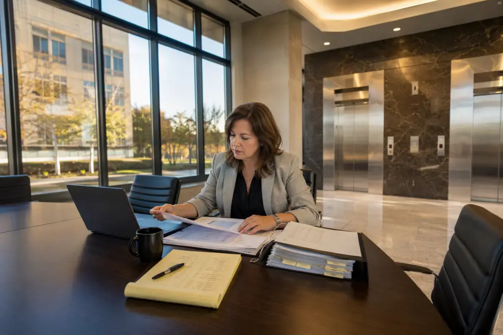 Facility manager reviewing a 2027 elevator capital plan budget spreadsheet in a Columbia SC office building lobby with elevator doors visible in background