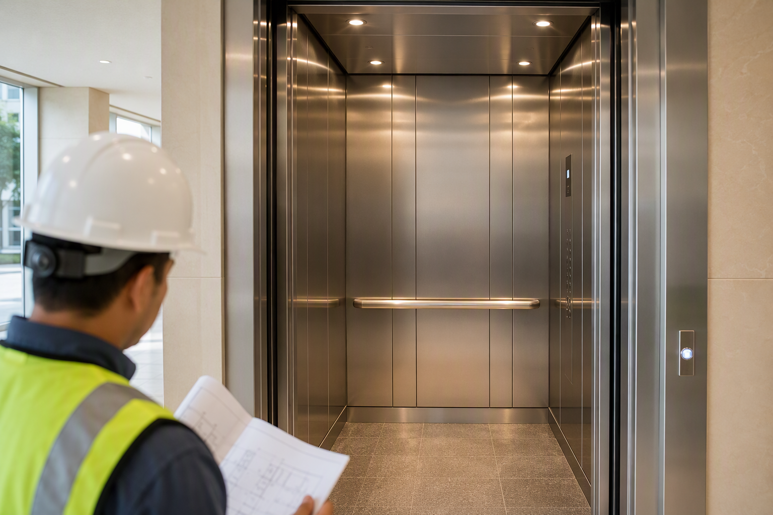 Modernized Elevator Cab Interior Newly modernized elevator cab interior with stainless steel panels and LED lighting inside a Columbia SC commercial building following a planned capital replacement project