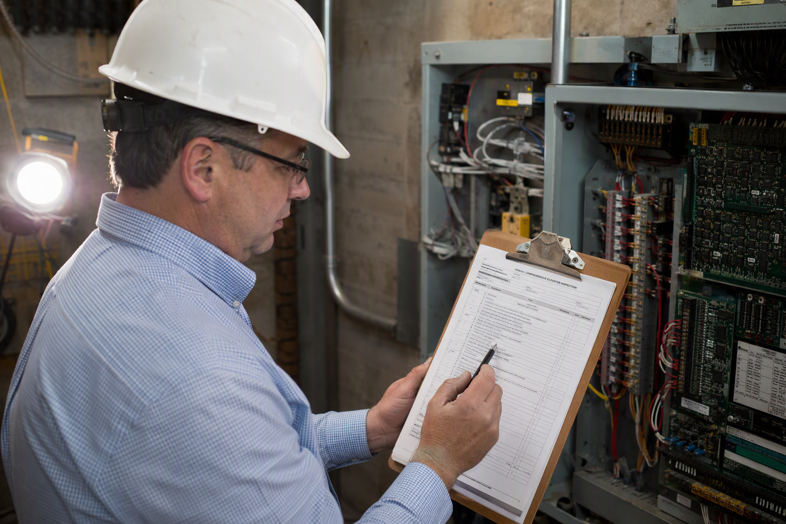 Elevator inspector reviewing compliance checklist in South Carolina machine room before operating certificate renewal following building alteration