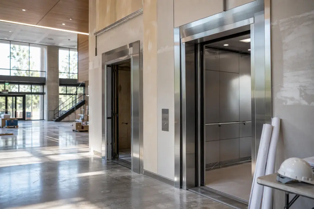 Columbia SC commercial building lobby with elevator bank mid-renovation, illustrating when building renovations require elevator code compliance upgrades in South Carolina
