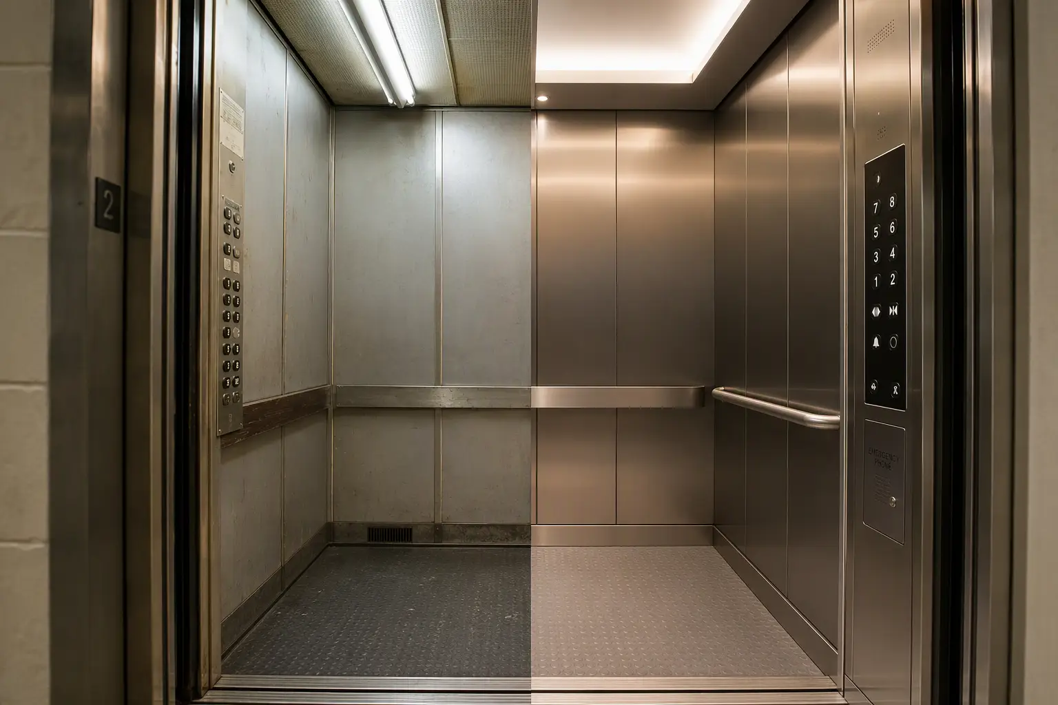 Side-by-side elevator cab interior comparison showing pre-upgrade and post-modernization finishes required by South Carolina elevator code after building renovation