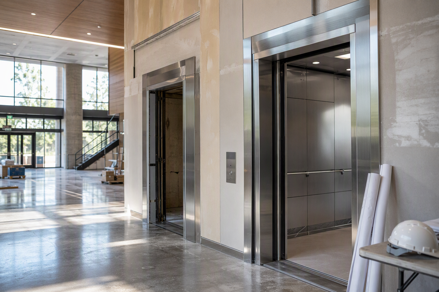 Columbia SC commercial building lobby with elevator bank mid-renovation, illustrating when building renovations require elevator code compliance upgrades in South Carolina