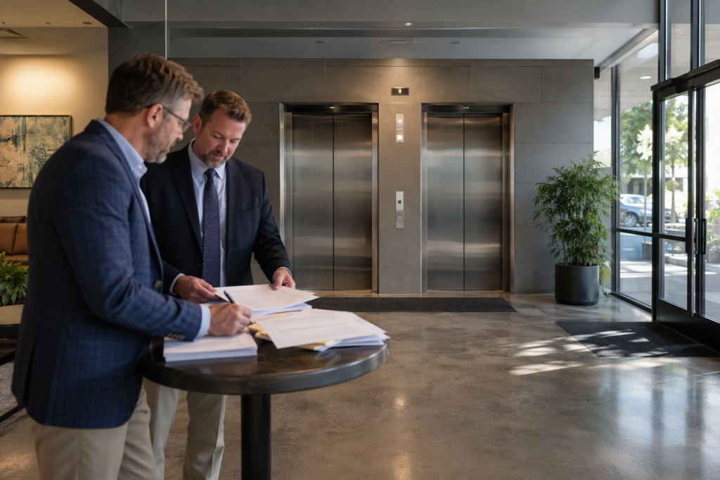 Building owner and attorney reviewing elevator maintenance contracts during a South Carolina property ownership transfer in a Columbia office building lobby.