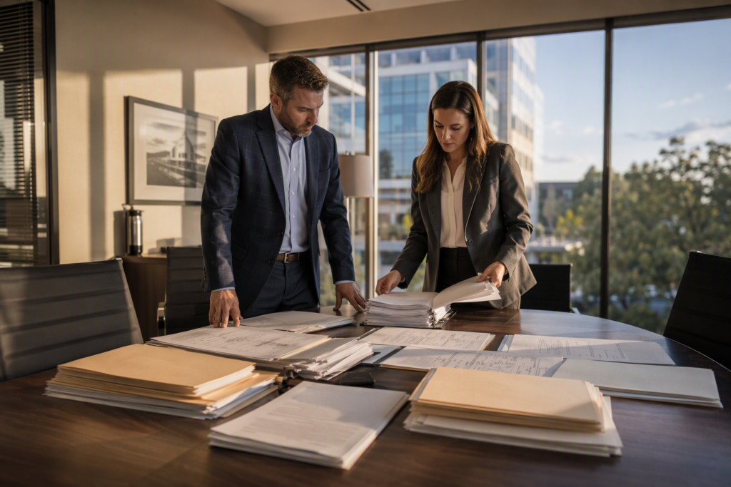 Building manager and attorney reviewing elevator maintenance contract documents during a property sale transition in a Columbia SC commercial office, 2024.