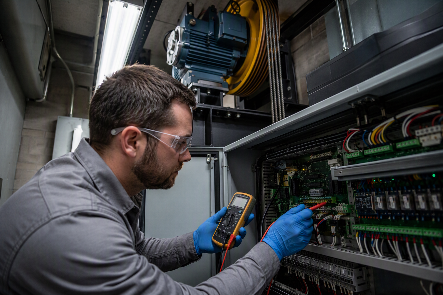 Elevator technician testing controller board components in a hotel machine room in Columbia SC to diagnose and restore service after an unplanned elevator outage