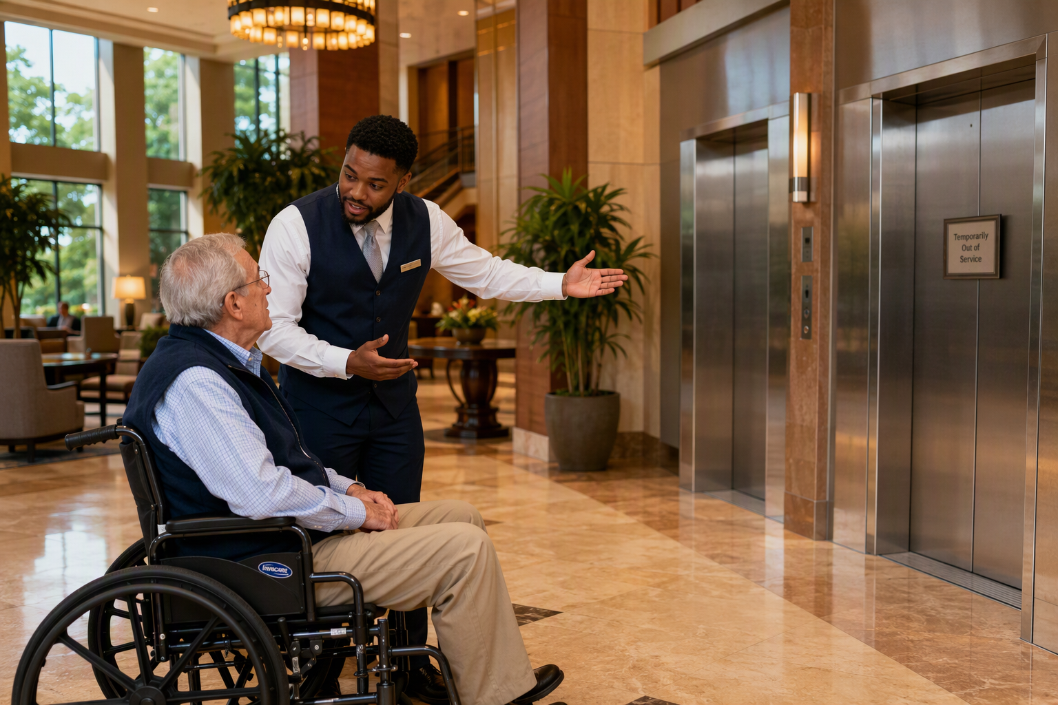 Hotel bellman assisting a wheelchair guest in a Columbia SC lobby during elevator downtime, with an out-of-service placard posted on a stainless steel elevator door