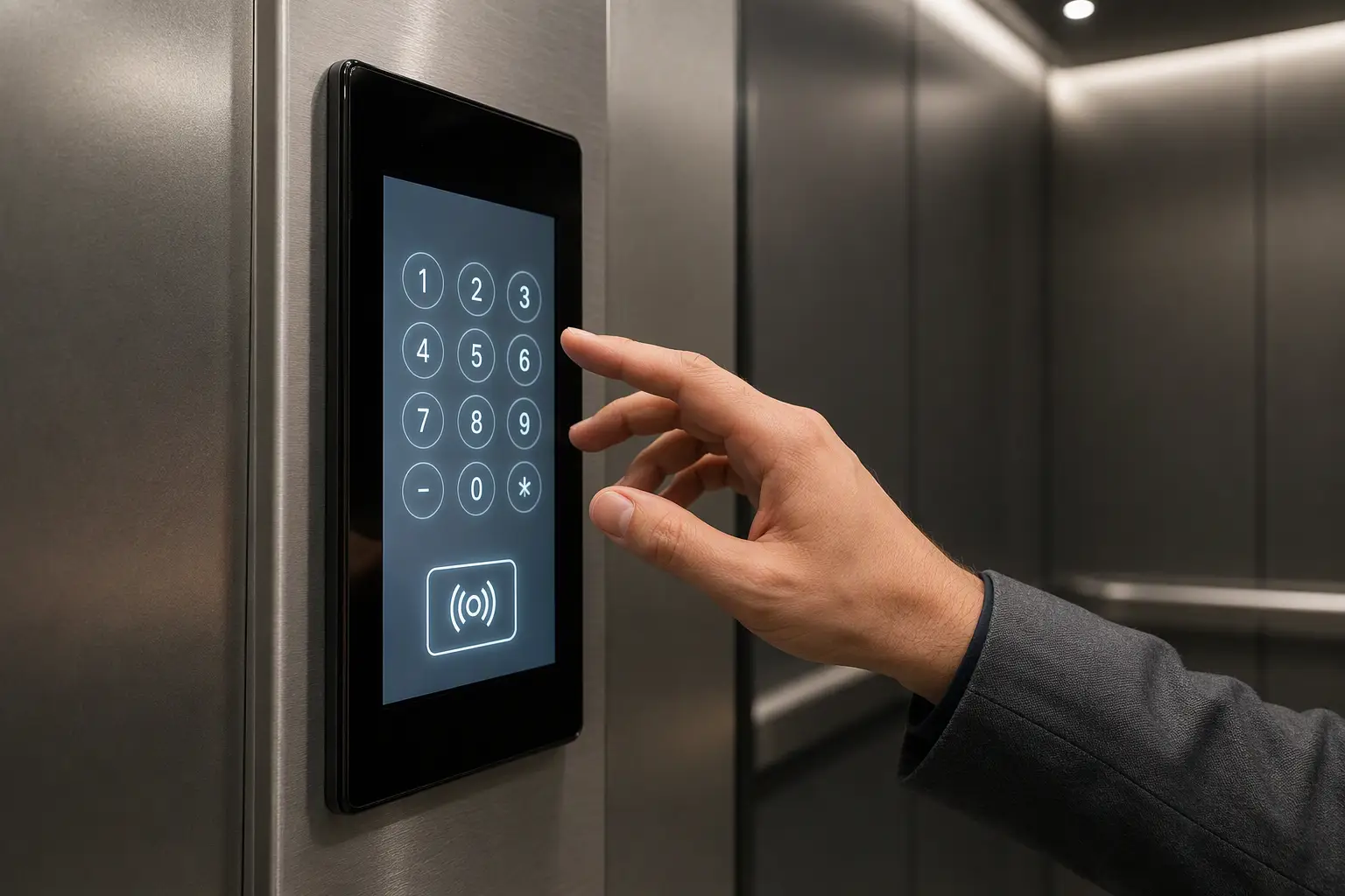 Destination-dispatch touchscreen control panel inside a modern apartment elevator cab, showing floor-selection interface used by tenants in 2026