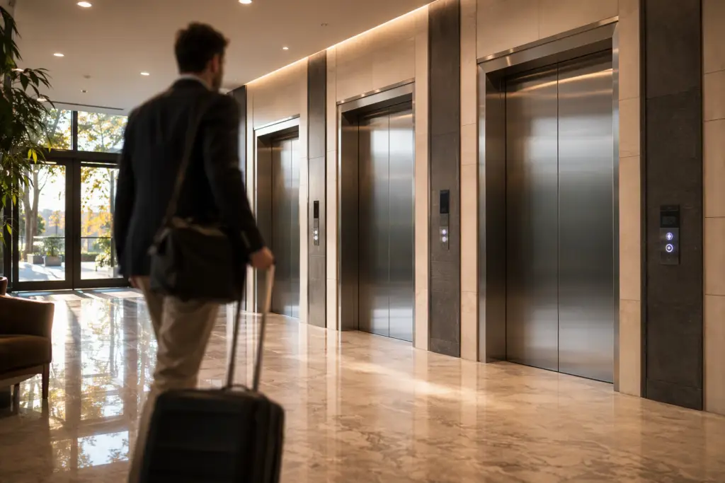 Modern hotel elevator lobby in Columbia SC with touchless wave-to-call buttons and stainless steel cab doors — elevator features guests expect in 2026