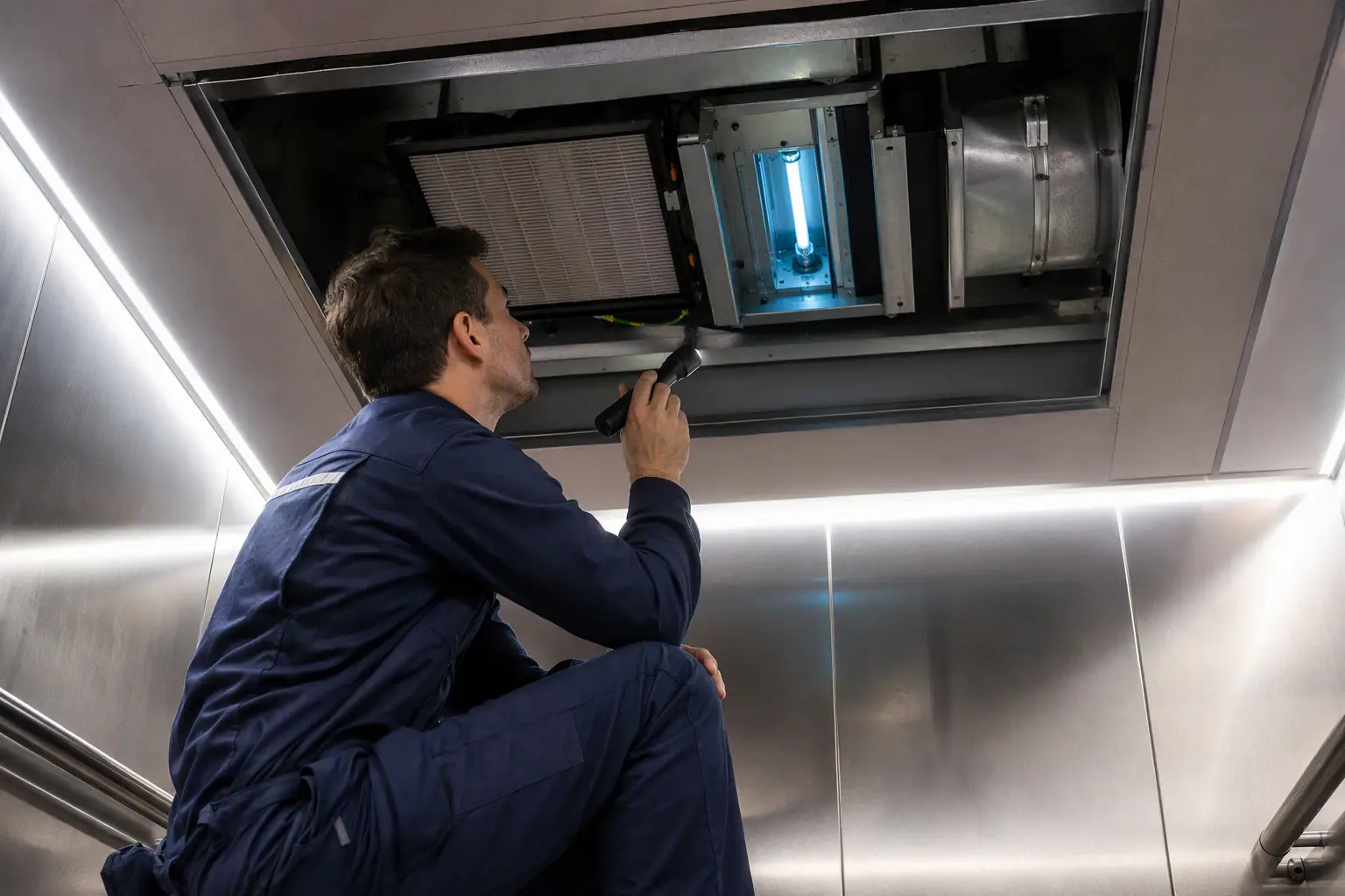 Elevator technician inspecting UV-C air purification unit and MERV filtration inside a hotel elevator cab ceiling in Columbia SC