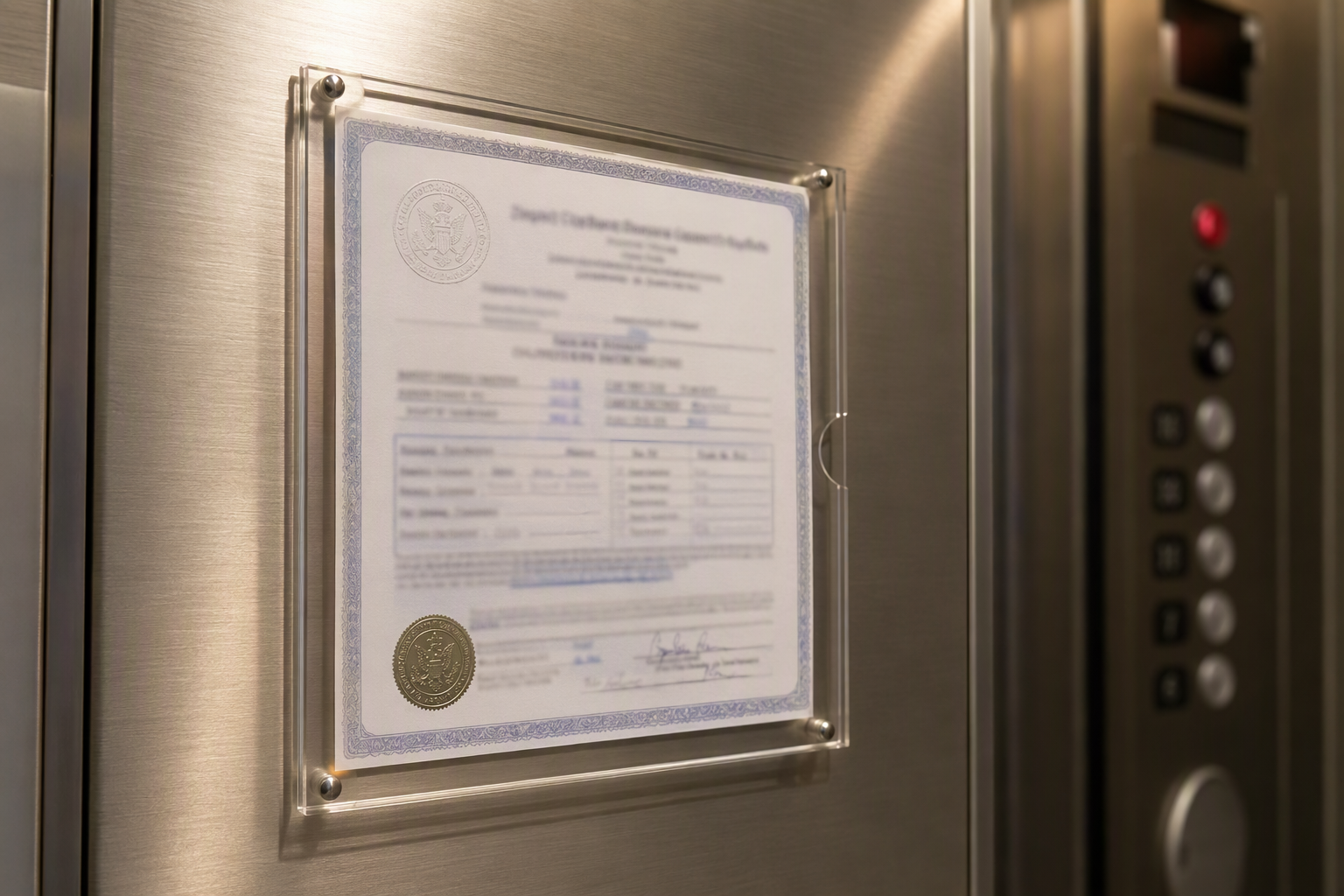 SC Elevator Operating Certificate Displayed in Cab South Carolina elevator operating certificate displayed inside a commercial elevator cab, as required by SC LLR compliance regulations for building owners