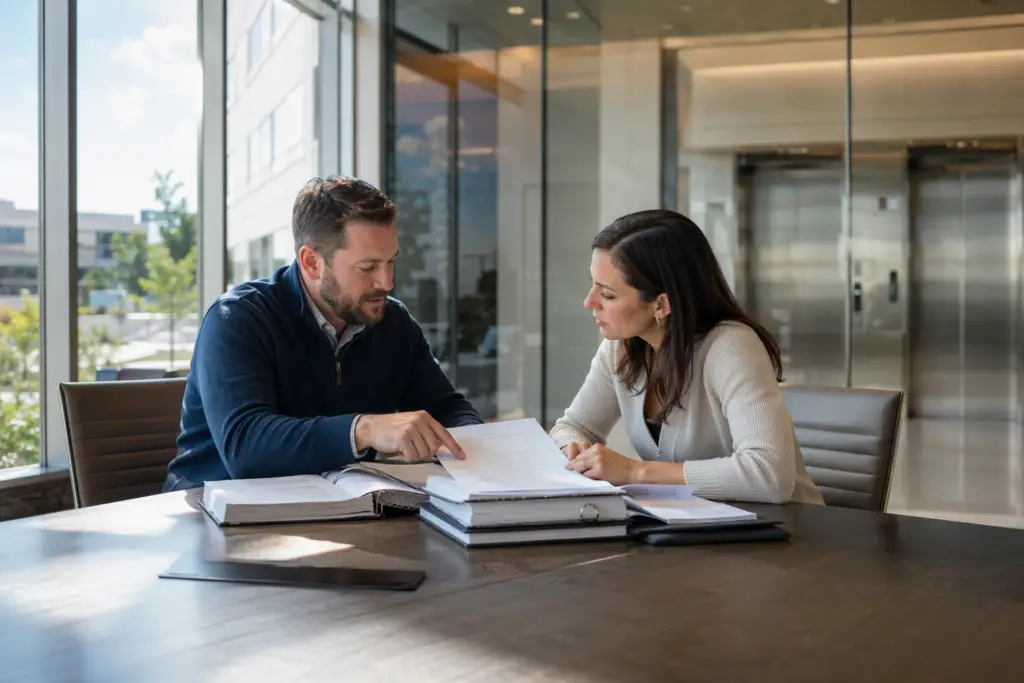 Building manager and attorney reviewing elevator maintenance contract documents at a conference table during a commercial property sale closing in Columbia SC